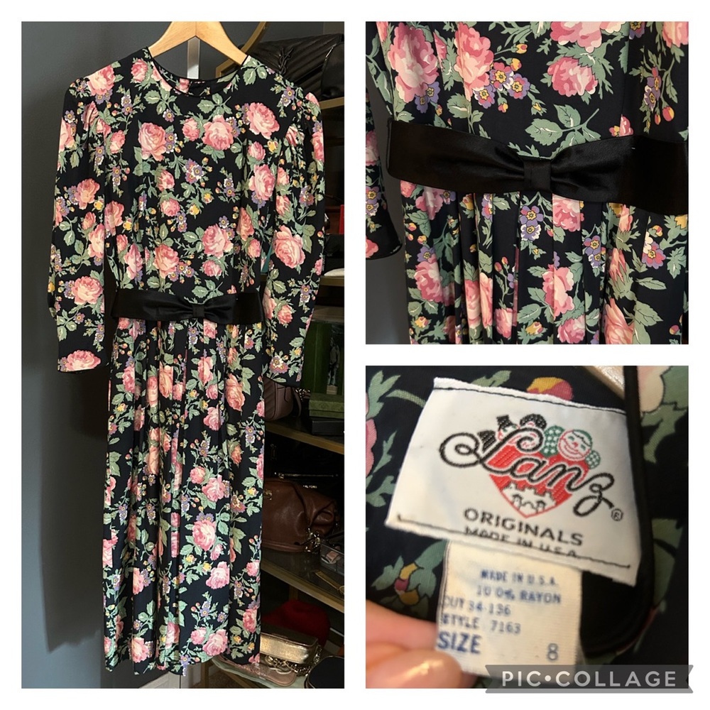 Vintage Lanz Originals Black Floral Dress Puff Sleeves 1980s Pristine Pockets